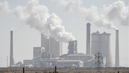 Industrial concrete plant emitting white smoke over dusty landscape