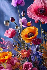 Colorful bouquet of flowers with blue sky background. Flowers are pink, orange. Scene is bright, cheerful, with flowers. For greeting cards, print, textile design, social media content, event decor.