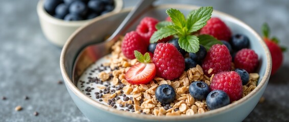 Close-up of a bowl of granola topped with fresh raspberries, blueberries, and mint leaves. 