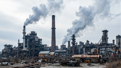 Polluted industrial landscape with towering smokestacks and rusting machinery under ominous skies