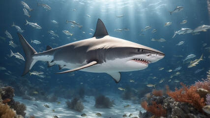 A stunning, dynamic image of a shark swimming powerfully through an underwater reef, surrounded by schools of fish
