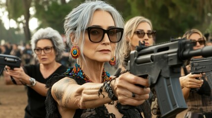 Do not make your grandmother angry. Grandma can respond. Comic portrait of old-aged grandma in whiye sportive outfit and dark sunglasses holding sniper rifle