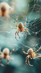 Multiple orb weaver spiders interacting on an intricate web against a soft teal background, showcasing the complexity of arachnid social behavior