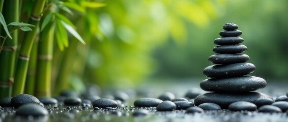 Balanced black stones stacked in a tranquil forest setting, surrounded by vibrant green leaves. Perfect for concepts of zen, balance, and relaxation, evoking peace and harmony.

