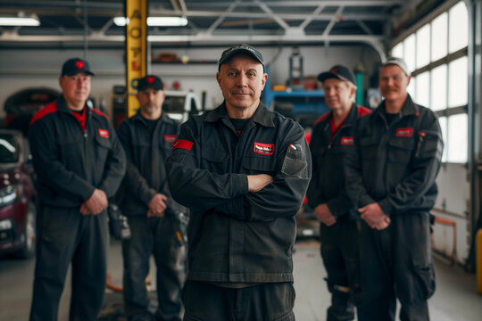 Photograph of a Canada team of mechanics in an auto repair shop with a professional working environment.