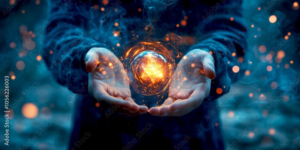 Poster a mesmerizing scene of glowing energy held in two hands. the image captures a sense of mystery and m