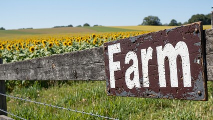 Rustic Farm sign on wooden fence against sunflower field under clear blue sky