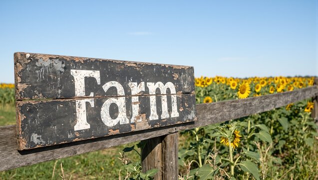 Rustic Farm sign on wooden fence against sunflower field under clear blue sky - Powered by Adobe