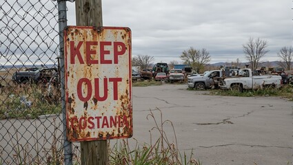 Rusty Keep Out sign on barbed wire fence junkyard with old cars machinery and weeds