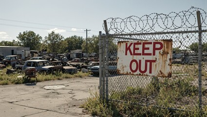 Rusty Keep Out sign on barbed wire fence junkyard with old cars machinery and weeds