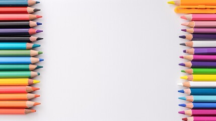 Multicolored Pencils Arranged in Two Rows on White Background with Ample Copy Space, Ideal for Creative Stationery, Back to School, and Office Supplies Photography

