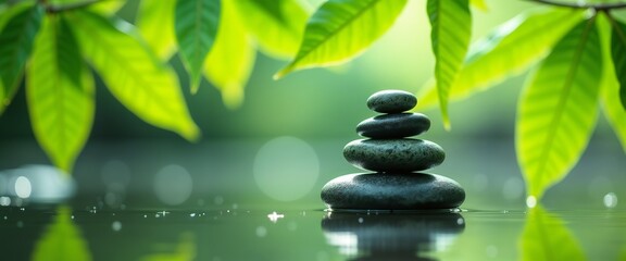 Obraz premium Balanced black stones stacked in a tranquil forest setting, surrounded by vibrant green leaves. Perfect for concepts of zen, balance, and relaxation, evoking peace and harmony.