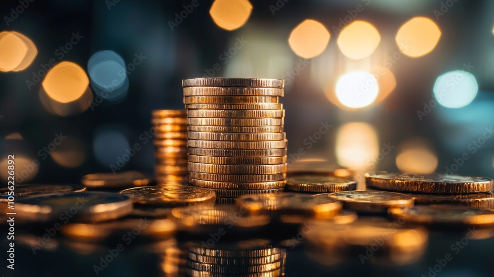 Poster stack of gold coins with soft bokeh lights in the background