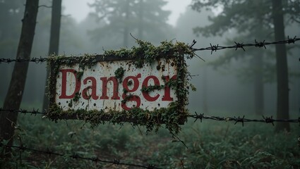Rusty Danger sign on barbed wire fence in foggy forest moss covered blending with surroundings
