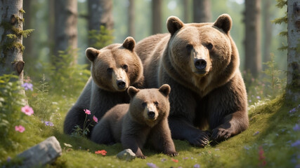Fototapeta premium A close-up of a mother bear with her cub in a forest clearing, the cub nestled close as they forage together