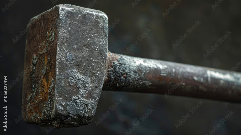 Poster closeup of a blacksmiths hammer showing the worn handle and striking face from years of use and prac