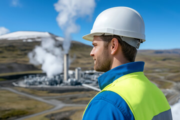 Obraz premium Natural energy engineer overlooking a geothermal plant on a sunny day