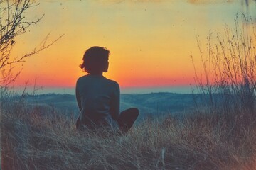 Someone sitting in a field watching the sunset