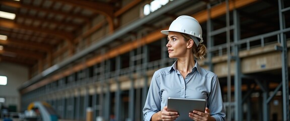 Full indoor shot of a woman wearing a white hard hat and looking at a tablet computer. 

