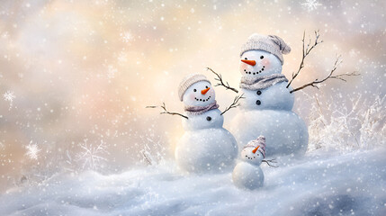 Cheerful snowmen wearing hats and scarves in a snowy landscape during winter season
