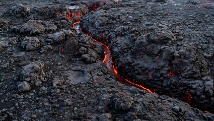 Volcanic landscape with hardened lava flows and glowing crevices