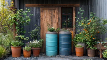 Naklejka premium A tranquil garden entrance showcasing sustainable design and vibrant greenery