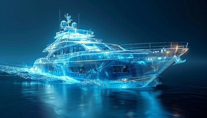 Boat visualization with augmented reality Transparent boat in studio drawing in blue colors, Boat visualization, augmented reality, 