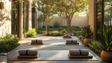 Fototapeta premium A tranquil outdoor space for holistic fitness and relaxation at dawn