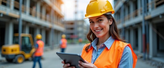 Smiling female engineer wearing a yellow hard hat and orange safety vest, using a tablet on a construction site, symbolizes modern and efficient project management in engineering.

