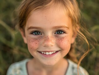 A portrait of a smiling child with freckles on her face