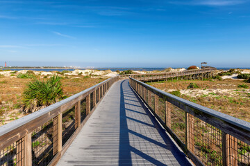 Elevated boardwalk trail in New Smyrna Dunes Park in sunny day in New Smyrna Beach, Florida