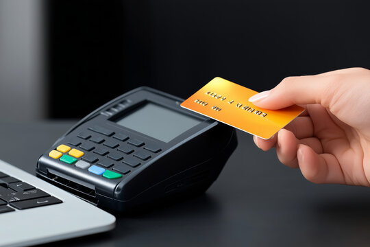 A hand inserting a credit card into a modern payment terminal