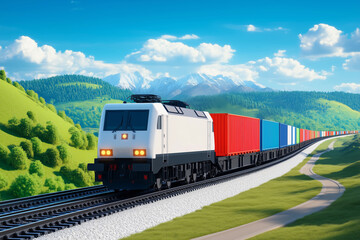 Fototapeta premium A vibrant cargo train journeys through picturesque landscapes under a sunny sky
