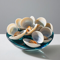 Elegant Glass Sculpture of Almejas a la Marinera Showcasing Pearlescent Colors and Seafood Charm*, generative ai