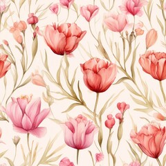 Charming Watercolor Floral Pattern Featuring Lively, Vibrant Pink and Peach Tulips Alongside Lush Greenery