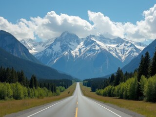 Fototapeta premium A Scenic View of a Long Highway Surrounded by Majestic Mountains Under a Bright Blue Sky With Fluffy Clouds During the Day