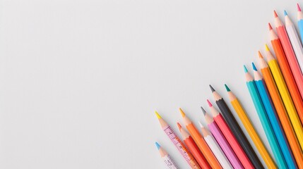Fototapeta premium Neatly aligned colorful pencils on white background with ample copy space, perfect for back-to-school themes, creative layouts, art projects, and stationery design.