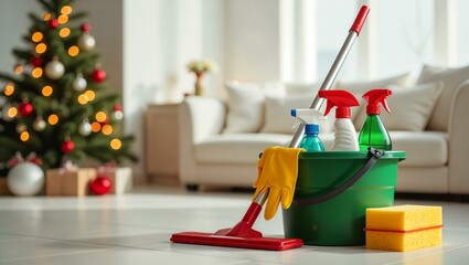 pre-Christmas cleaning,cleaning supplies. In the background is a softly blurred image of a cozy space with a Christmas tree and minimal holiday decor. 