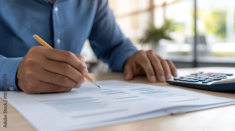 Poster hands are actively using a calculator and pen to analyze financial data on graph paper in a professi