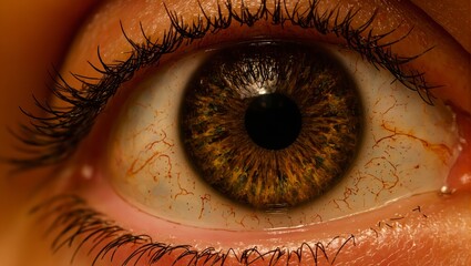 Close up of a warm brown eye with amber highlights framed by dark lashes