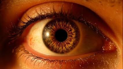 Close up of a warm brown eye with amber highlights framed by dark lashes