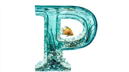 striking glass letter P features a vibrant underwater scene filled with colorful fish and rich aquatic vegetation, creating an enchanting focal point against a white background.