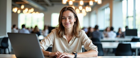 A confident young woman smiling while working on a laptop in a modern office environment. The setting is bright and collaborative, fostering a sense of productivity and teamwork.

