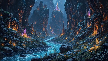 Glowing stones in canyon with clear rivers  luminous plants create magical scene