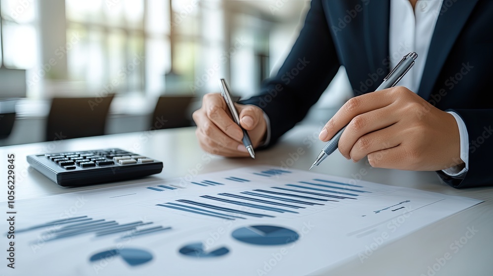 Poster hands are actively using a calculator and pen to analyze financial data on graph paper in a professi
