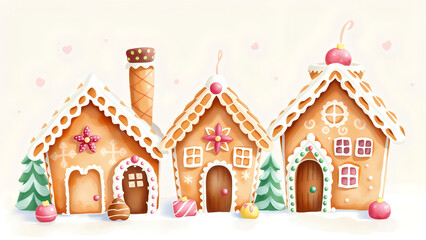 Colorful gingerbread houses decorated with icing and candies on a light background