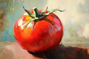 Vibrant impasto painting of a ripe red tomato with green stem and leaves, showcasing its texture and vividness on a surface