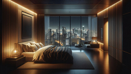 Well lit luxurious penthouse bedroom at night. The city skyline is visible through the window, casting a light on the room