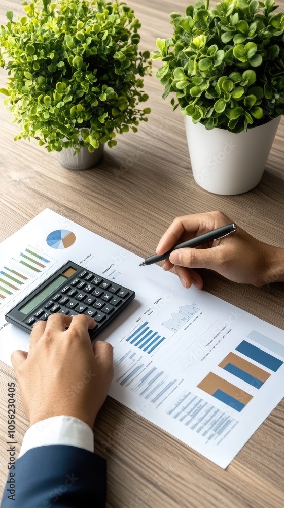 Poster hands are actively using a calculator and pen to analyze financial data on graph paper in a professi