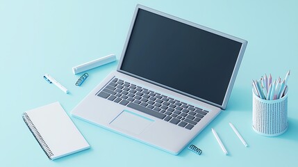 Fototapeta premium A modern laptop placed on a pastel blue background, surrounded by stationery items for a creative office setup.